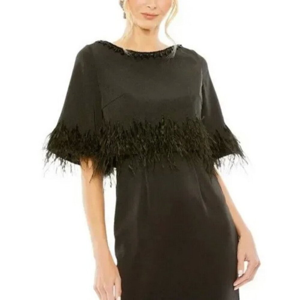 Mac Duggal Black Hand Beaded Crystal Neck Feather Detail Dress - Picture 3 of 3